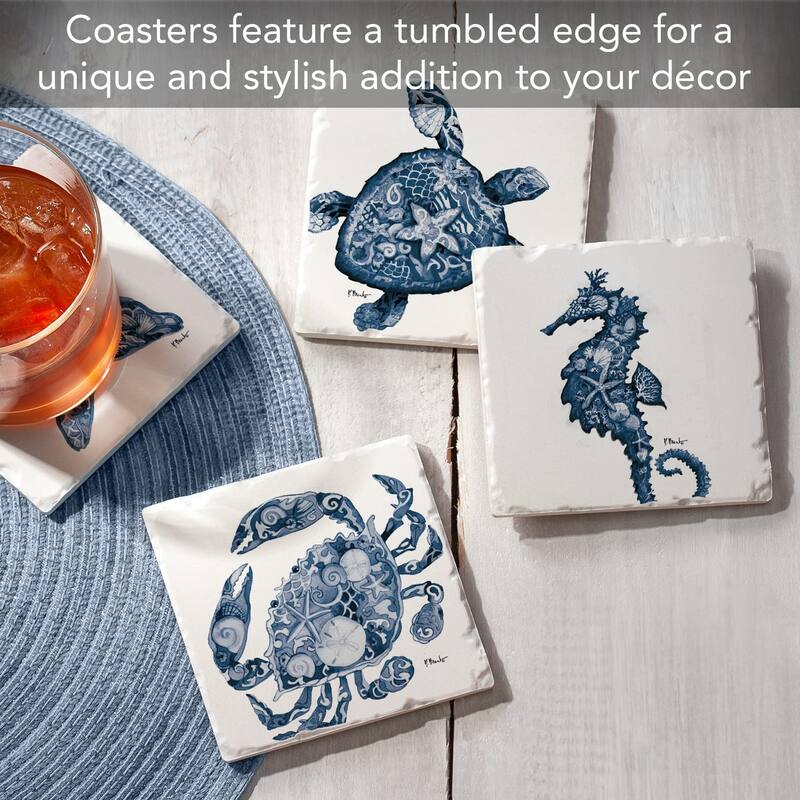 CounterArt Nassau Sea Life Multi-Image Absorbent Stone Coasters with Protective Cork Backing, 4 Pack, Made in The USA