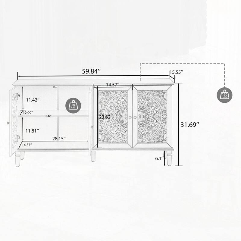 Carved Flower Door Large Storage Cabinet With Metal Handle