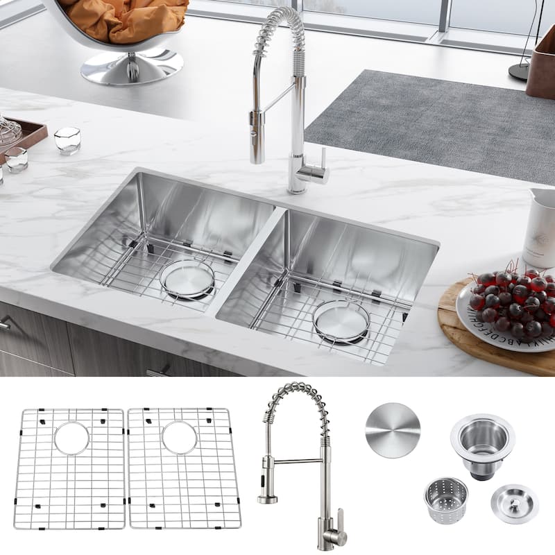 32"x 18"x 9"Double Bowl Kitchen Sink Stainless Steel with Pull Down Faucet - 32*18*9 - 32*18*9 - Silver