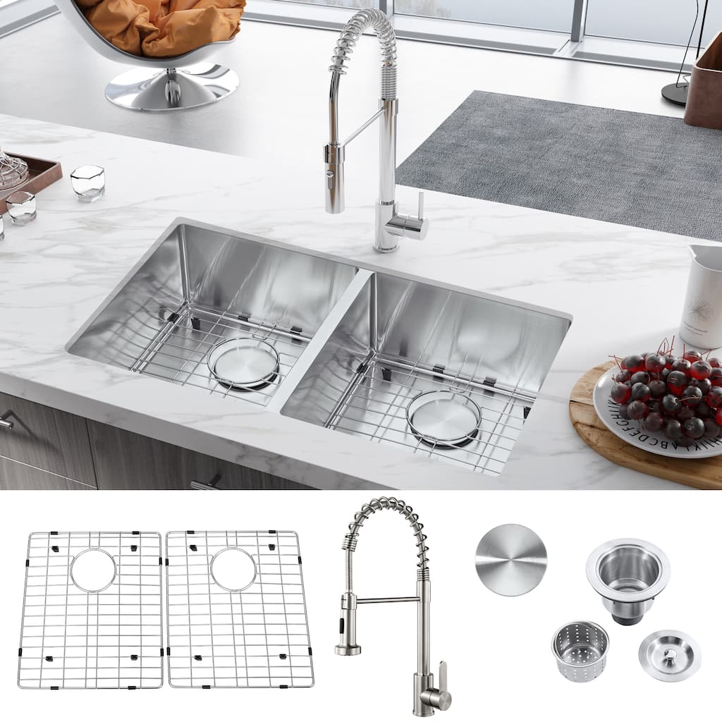 32"x 18"x 9"Double Bowl Kitchen Sink Stainless Steel with Pull Down Faucet - 32*18*9