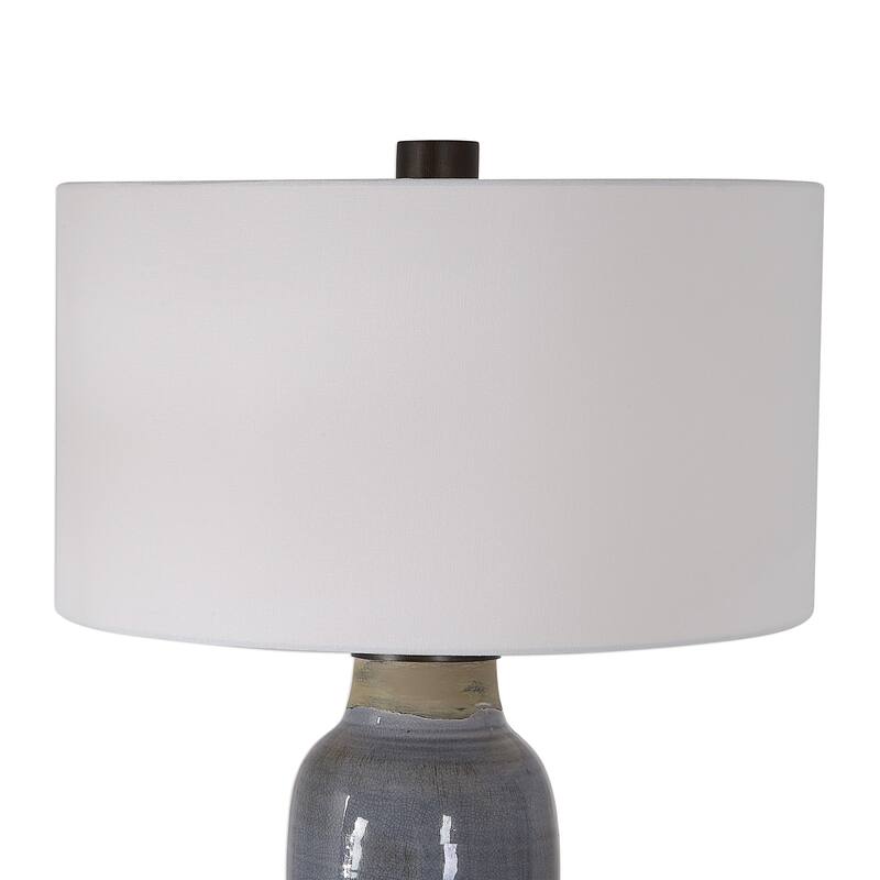 Glossy Handcrafted Table Lamp with White Drum Shade - 33.5" - Blue