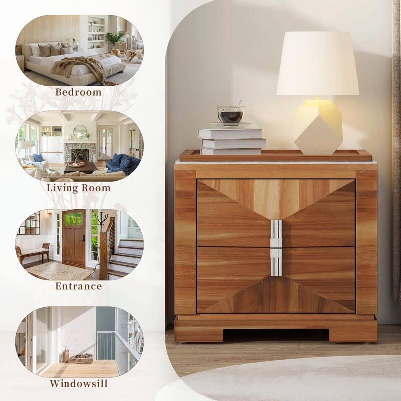 Mid-Century Modern Nightstand with 2 Drawers - Wide Wood End Table with Diamond Design and Heavy-Duty Base