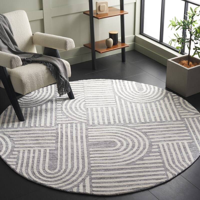 SAFAVIEH, Audrey Lilana Mid-Century Modern Rug - 6' Round - Grey/Ivory