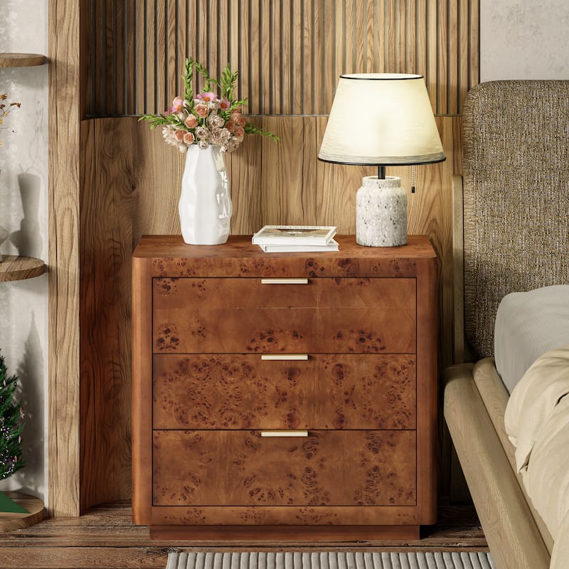 COZAYH Burl Finish Nightstand, Rustic Farmhouse Dresser, Vintage Accent Wood Storage Bedside Table, Fully Assembled - Dark Brown - 3-drawer