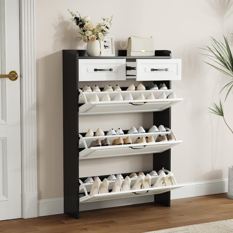 Shoe Cabinet with 3 Doors 2 Drawers, PVC Door with Shape, Large Space for Storage
