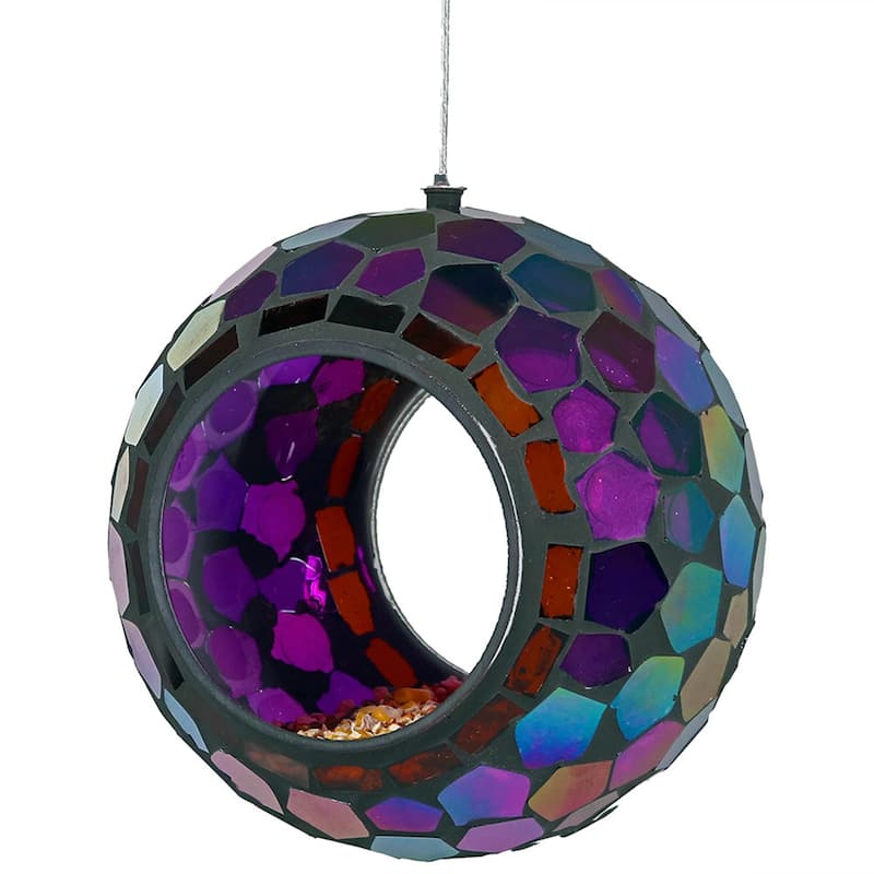 Hanging Bird Feeder Outdoor Round Glass Mosaic Design for Garden - 6"