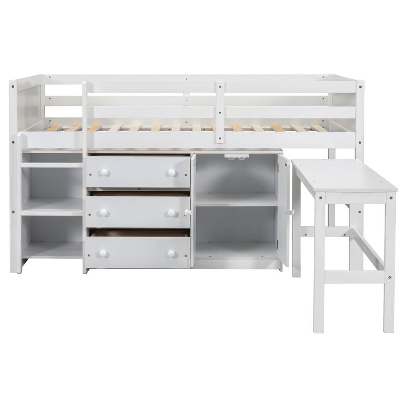 Twin Size Low Loft Bed with Pull-Out Desk, Drawers, Cabinet, and Shelves in White