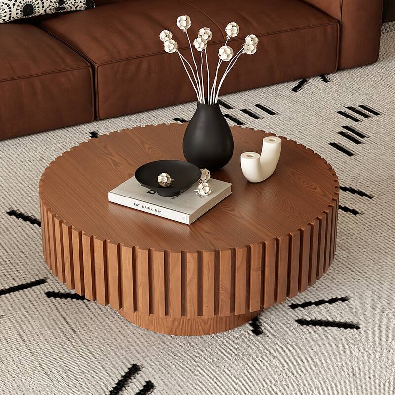 Modern Round Coffee Table Stylish Coffee Table Olive Shaped Coffee Table with Handmade Relief and Base, for Living Room