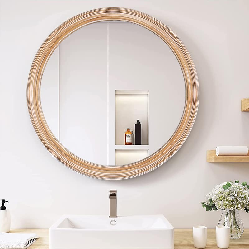 27.5" Wooden Farmhouse Round Wall Mirror for Bathroom Vanity