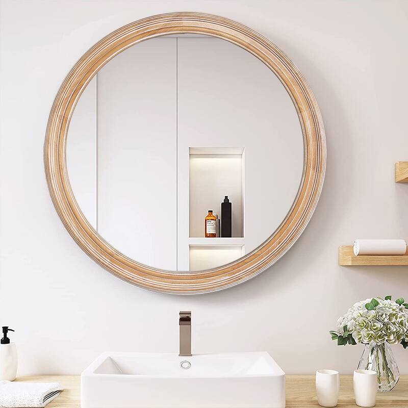 Round Wood Ribbed Detail Wall Mirror - Coastal & Farmhouse Decor for Bathroom, Entryway - Natural Wood