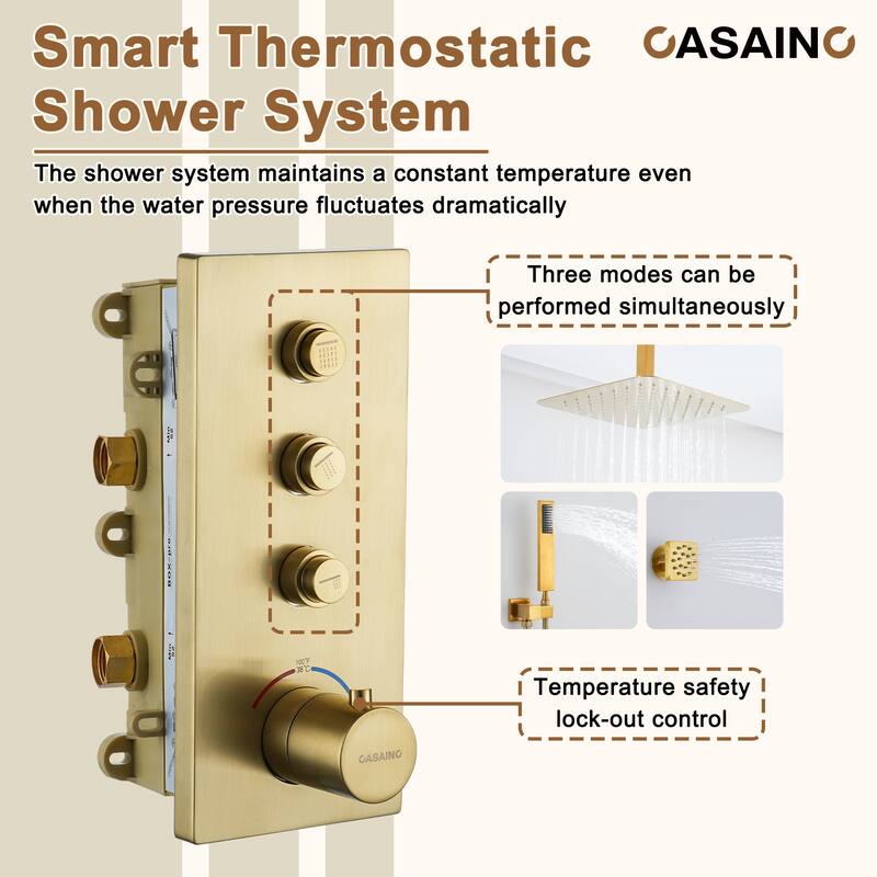 Luxury Thermostatic Shower System 1-Spray Patterns Ceiling Mount Fixed Shower Head and Handheld Spray with 6 Body Jets