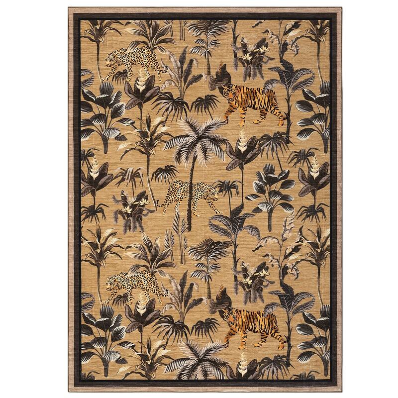 Living Room Rug Jungle Tiger Area Rug Plant Rugs Low Pile Non Shedding Soft Accent Carpet for Bedroom, Dining Room