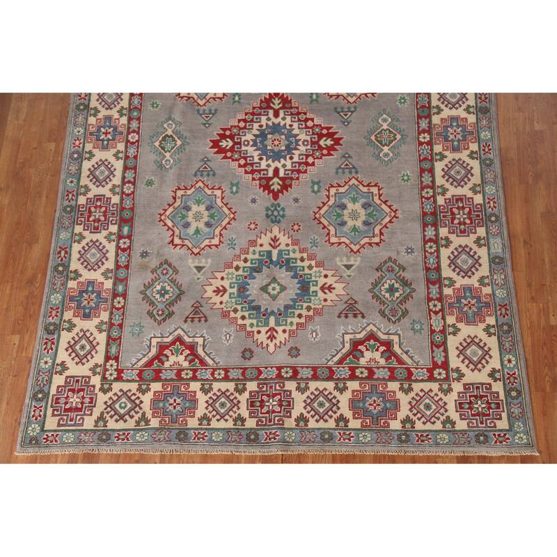 Gray Geometric Kazak Oriental Area Rug Hand-Knotted Wool Carpet - 6'10"x 9'11"