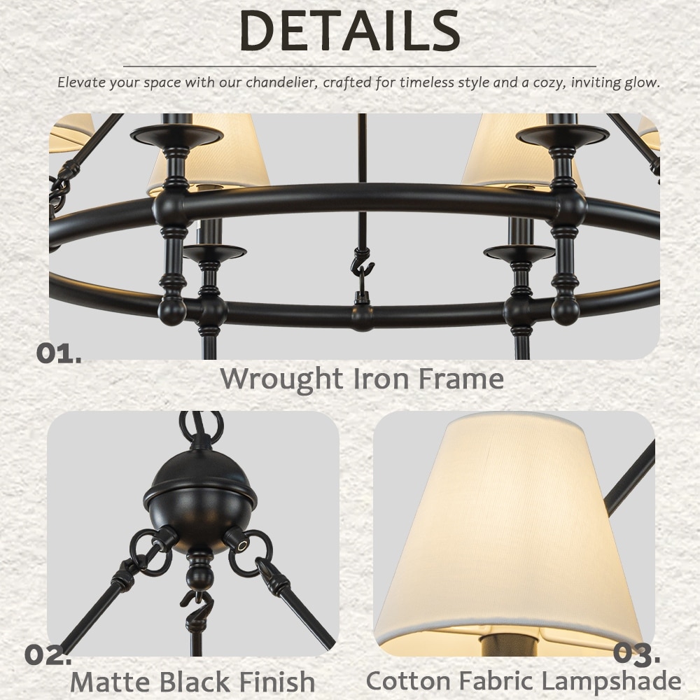Vintage Brass Chandelier 6-Light Classic Pendant Fixture with White Shades for Elegant Interior Lighting - W33.5''