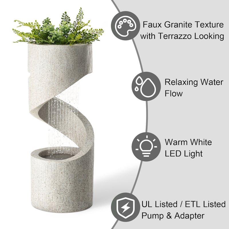 Glitzhome Modern Minimalist Spiral LED Polyresin Outdoor Fountain with Small Planter