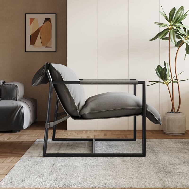 Mid-century Metal Sling Upholstered Armchair with Lengthen Upholstered
