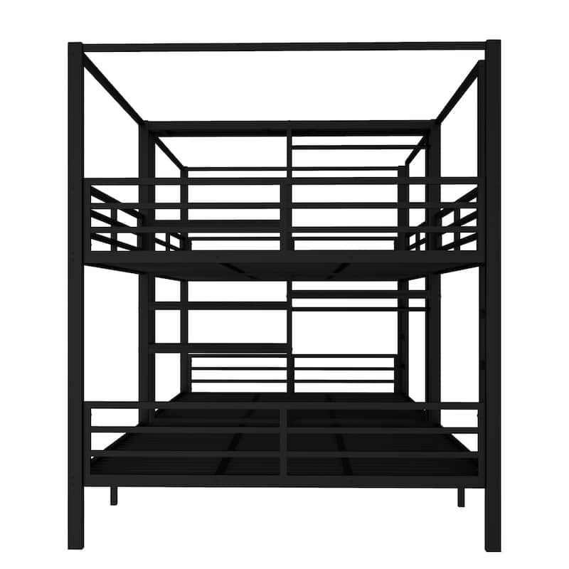 Queen Size Quadruple Metal Bunk Bed with Built-in Storage Shelves & Wardrobe, Sturdy Frame, Black