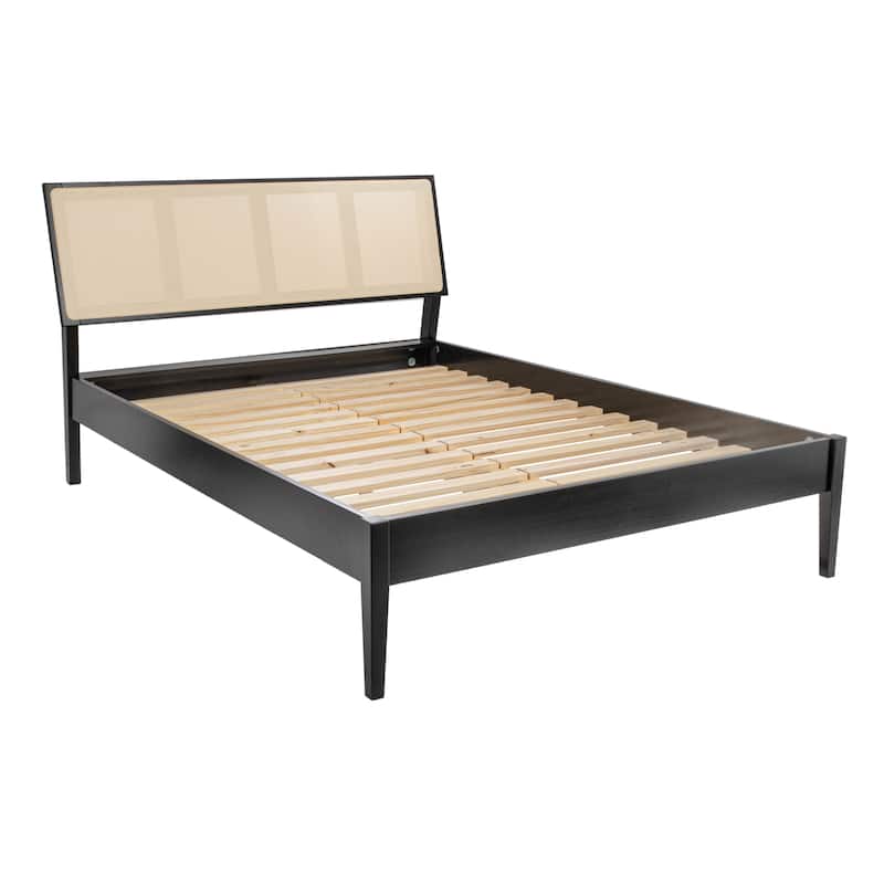 Crawford Solid Wood Bed with Woven Cane Headboard - Black - Queen