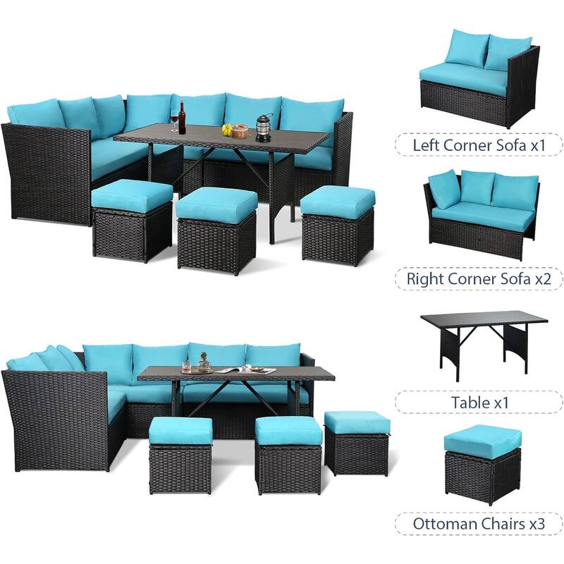 AECOJOY 7-Piece Outdoor Patio Wicker Sectional Sofa with Dining Table