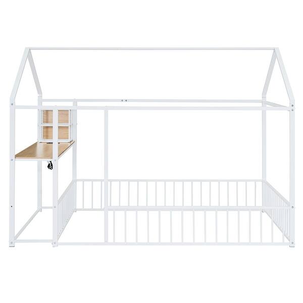 slide 2 of 17, White Full Size Metal House Bed Frame w/Desk Power Outlets USB Ports White - Full