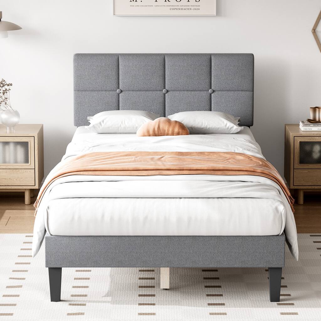 Linen Upholstered Platform Bed with Adjustable Headboard