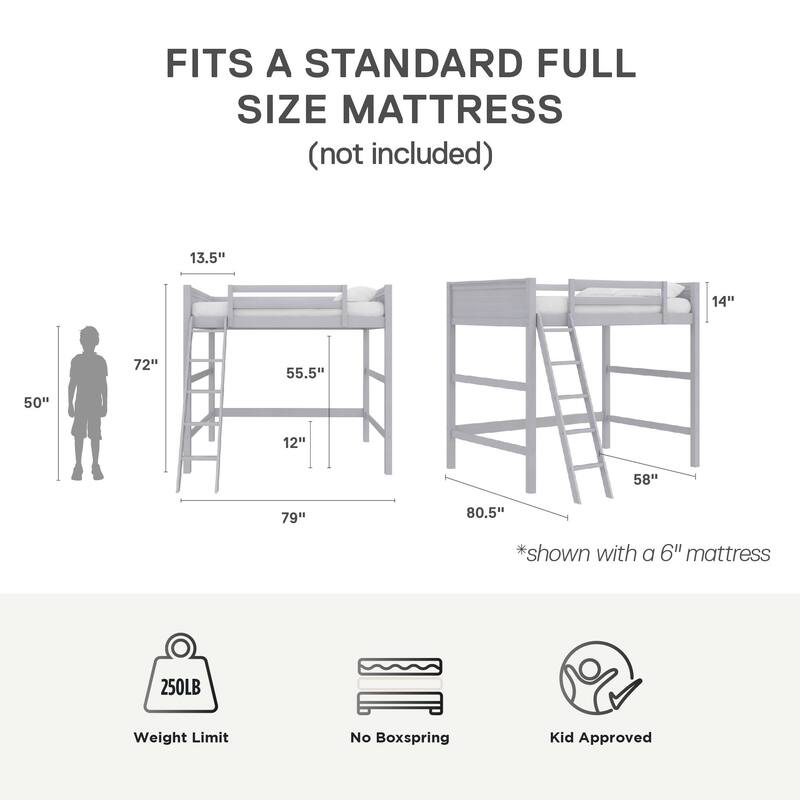 Full Size Loft Bed with Ladder and Guardrails for Kids, Space-Saving Design, Sturdy Wood Construction