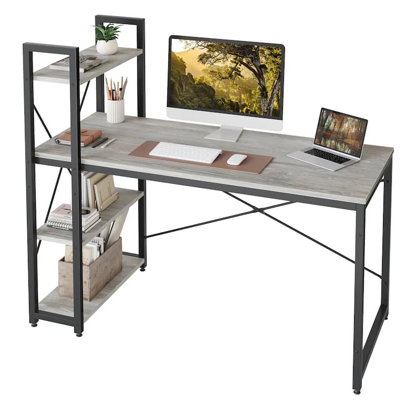 Computer Desk Home Office Computer Desk with 4 Shelves & Hooks - 55" - Vintage Gray Oak - Light