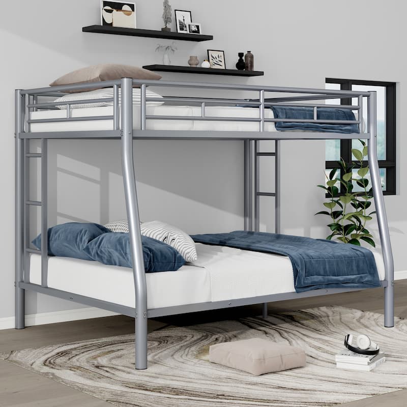 Silver Full XL over Queen Size Metal Bunk Bed with Ladder & Guardrails for Kids