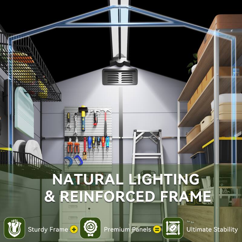 EROMMY Outdoor Storage Shed with Built-In Floor, Lockable Double Doors & Sloped Roof, Gray/Black