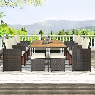 11-piece Patio All-weather PE Wicker Dining Sets Table Set with Foldable Dining Chairs and Stool Cushion with Ties Sets, Brown