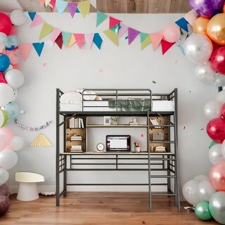 Twin Size Loft Bed Metal Frame with Desk and Shelf,Loft Bed with Ladder,With Desk And Bookshelf,White
