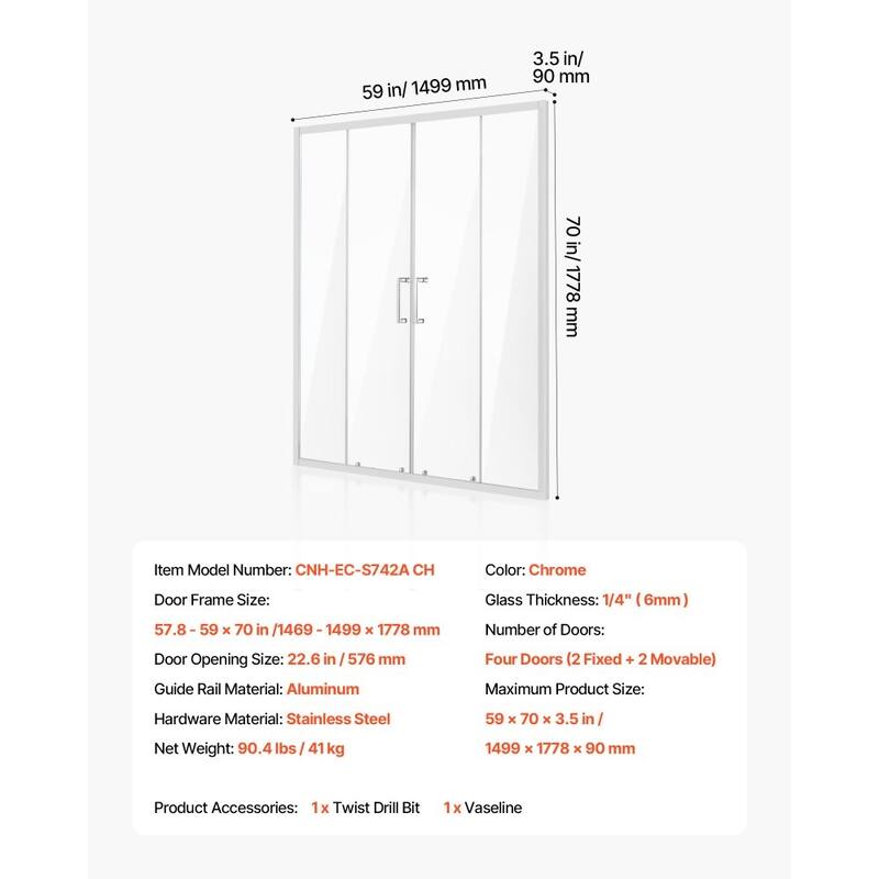 Chrome Double Sliding Shower Door with Tempered Glass and Aluminum Frame - 59 x 70 x 3.5 in