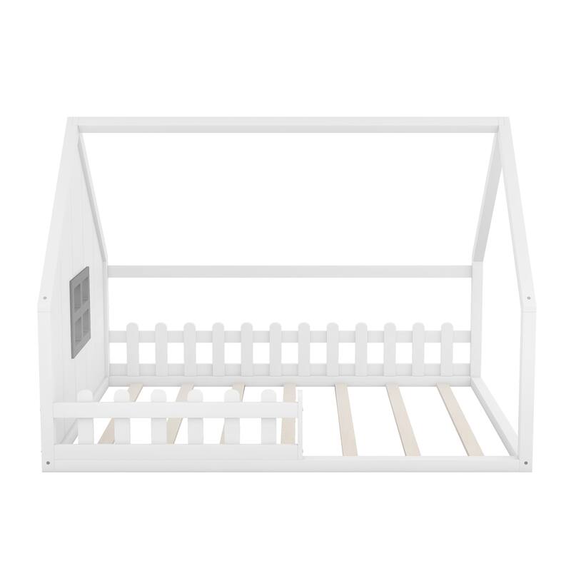 White Full Pine House Bed with Fence & Window