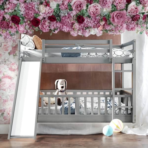 slide 2 of 16, Twin Over Twin Bunk Bed With Convertible Slide and Ladder for Bedroom Grey