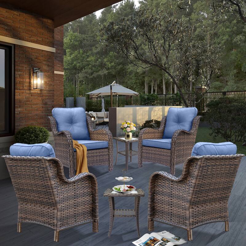 6 Piece Outdoor Wicker Rattan Patio Conversation Furniture Chairs Sets - Denim Blue-Brown Rattan