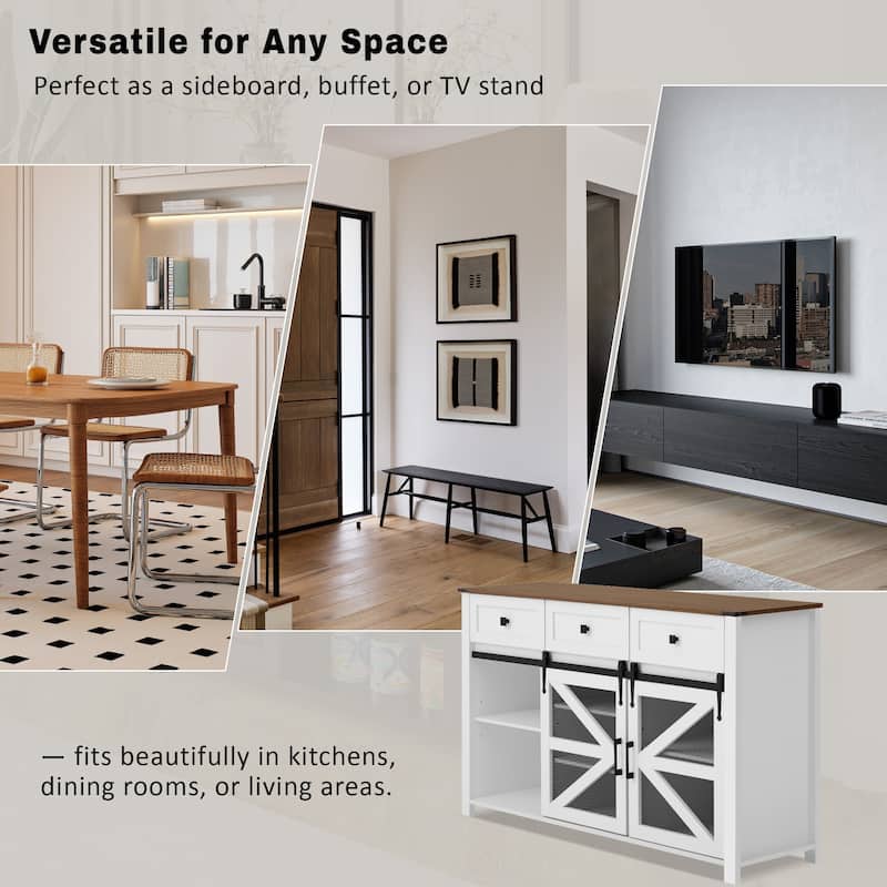 55" Sliding Barn Door Sideboard Buffet Cabinet with 3 Drawers, Adjustable Shelves, Metal Mesh & Particleboard Doors