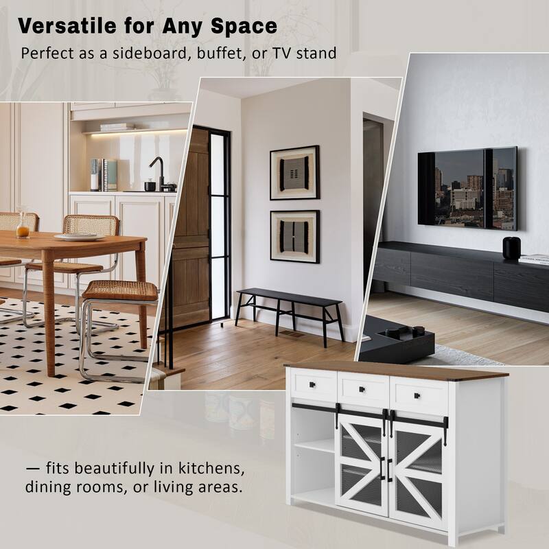 Sliding Barn Door Sideboard with 3 Drawers and Adjustable Shelves, Buffet Cabinet with Metal Mesh and Aluminum Handles