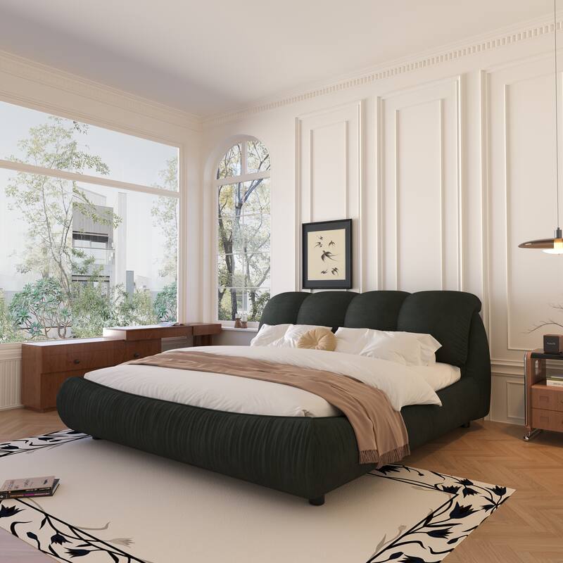 Queen Size Upholstered Platform Bed with Cushioned Headboard - Sturdy Solid Wood Frame.