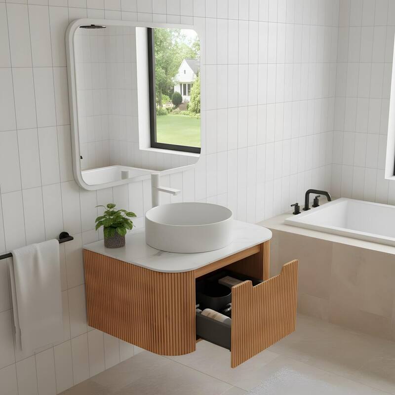 Wall Mounted Bathroom with White Round Ceramic Basin and Drawer