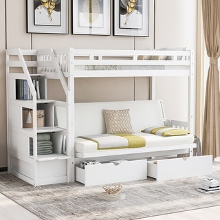 Twin over Full Bunk Bed with Drawers, Staircase, and Convertible Daybed Option