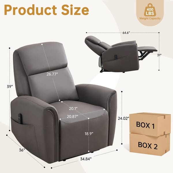 dimension image slide 2 of 3, Oversized Faux Leather Massage Power Recliner with Two Pockets
