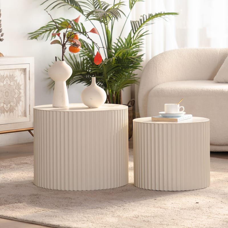 GDFStudio - Set of 2 Modern Wave Stripe Nesting Coffee Table Round Drum Accent Tables - 47.25