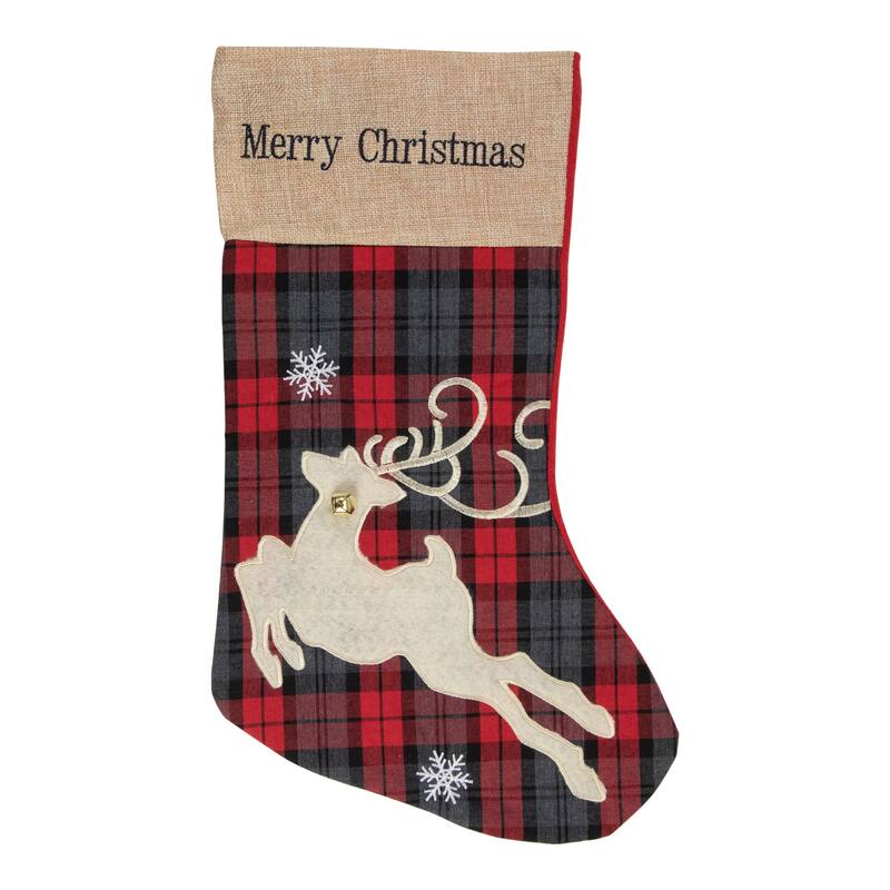 Plaid Merry Christmas Reindeer Stocking - 19" - Red and Green