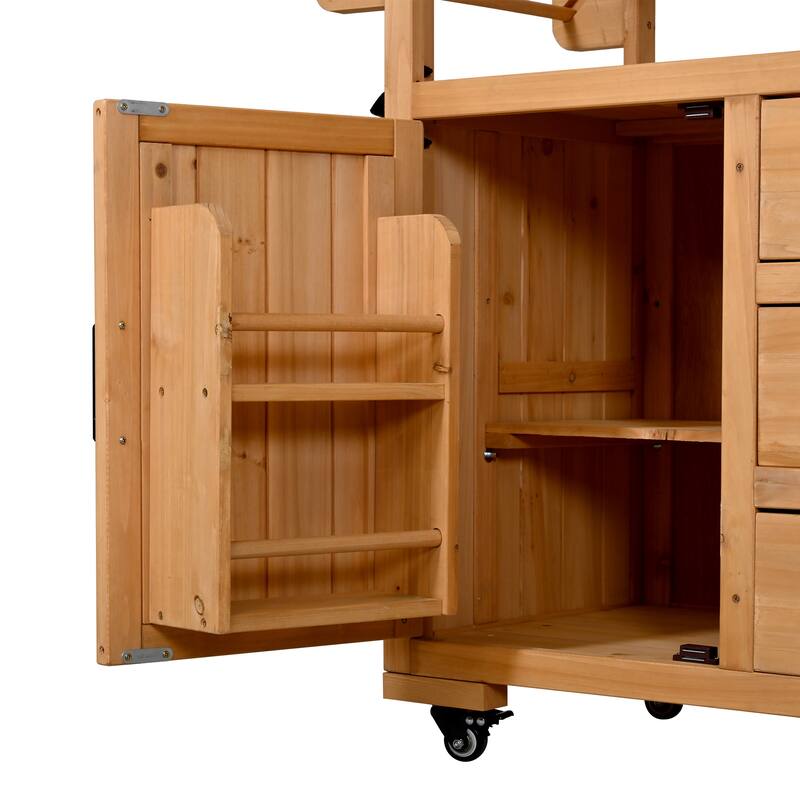 65" Outdoor Potting Bench with Stainless Steel Top, Rolling Garden Workstation with Hutch & Storage