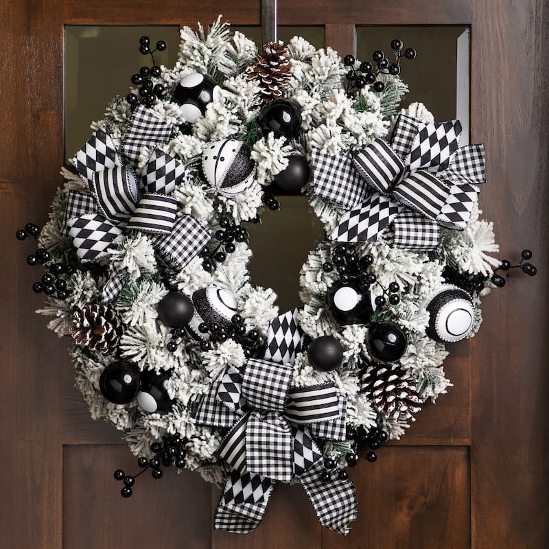 Flocked Pine with Harlequin Bows and Ornaments Christmas Wreath - 24" - Unlit