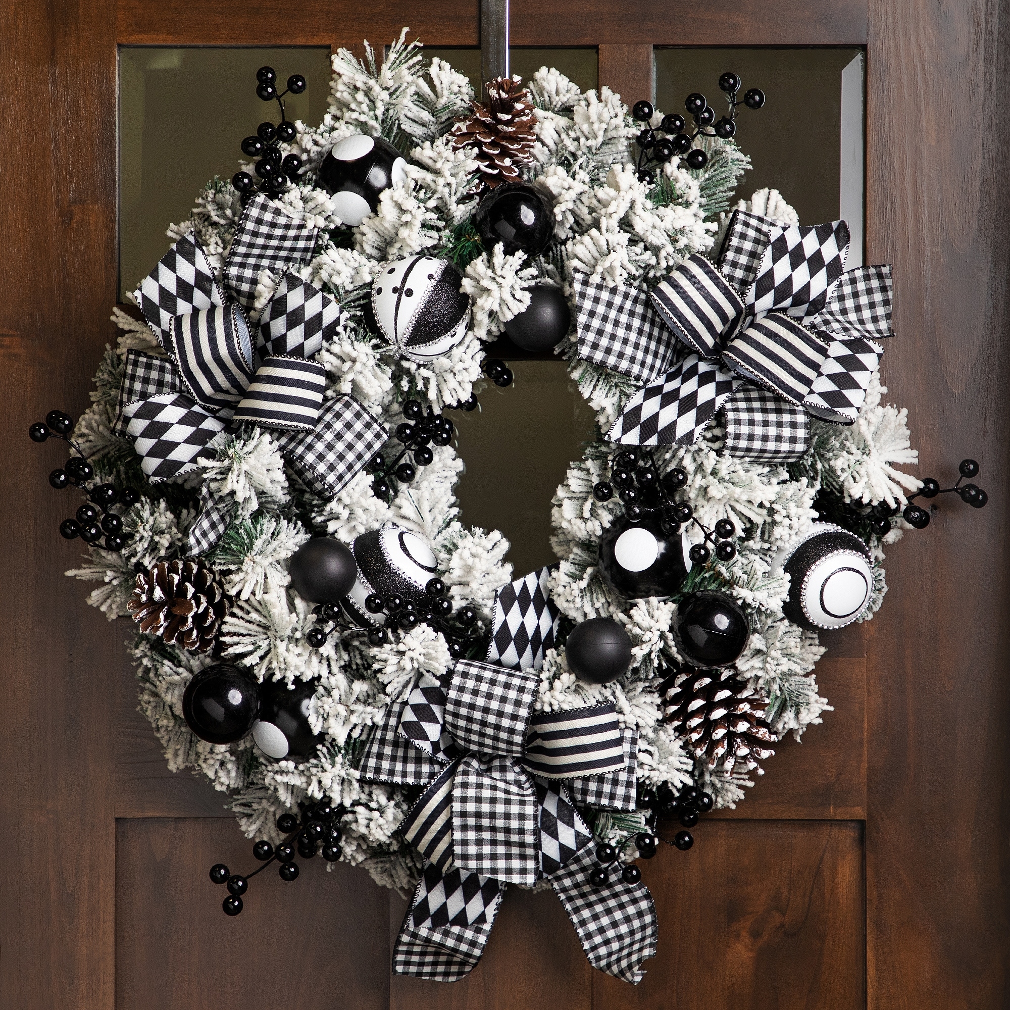 Flocked Pine With Harlequin Bows Ornaments Christmas Wreath 24" Unlit