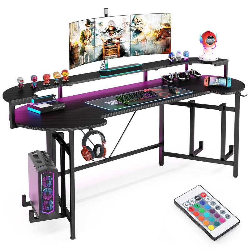 Gaming Desk with LED Lights, 75 Inch Ergonomic Home Office Tables PC Study Desk