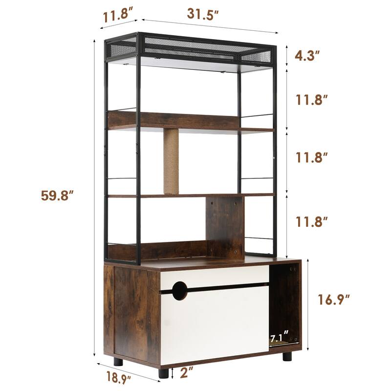 Wooden Cat Tree with Litter Box Enclosure, Dual-Function Pet Furniture - 31.5”L x 18.9”W x 59.8”H