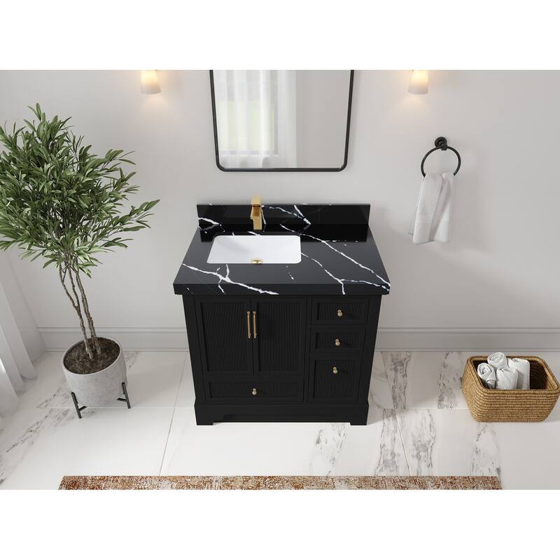 Willow Collections 36 in. W x 22 in. D Alys Left Offset Sink Bathroom Vanity with Countertop - 2"Calacatta Black - Black