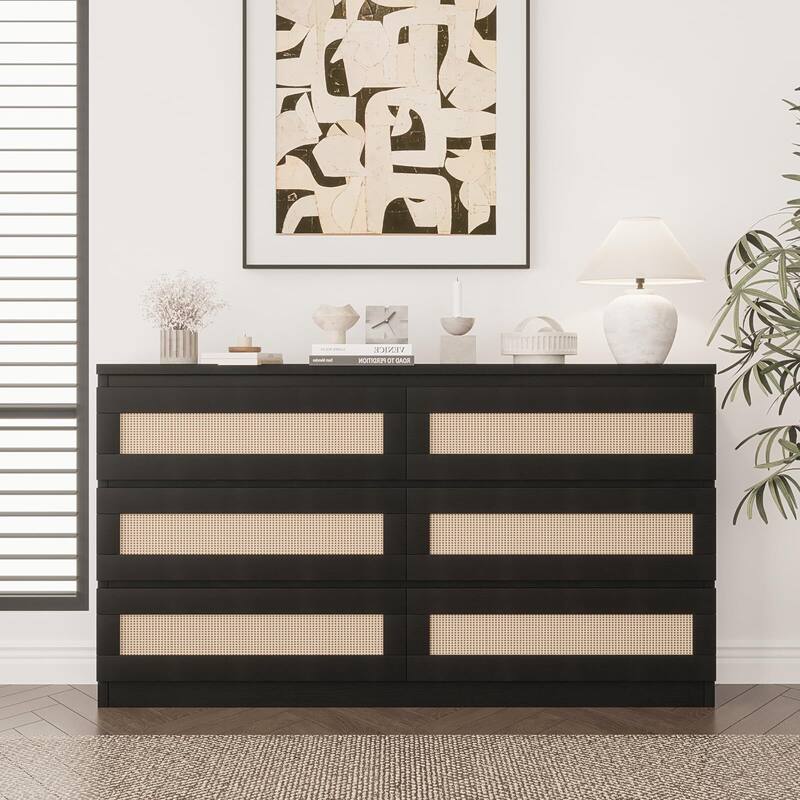 Rattan Dresser for Bedroom, Modern 6 Drawer Double Dresser with Anti-Tip Kit